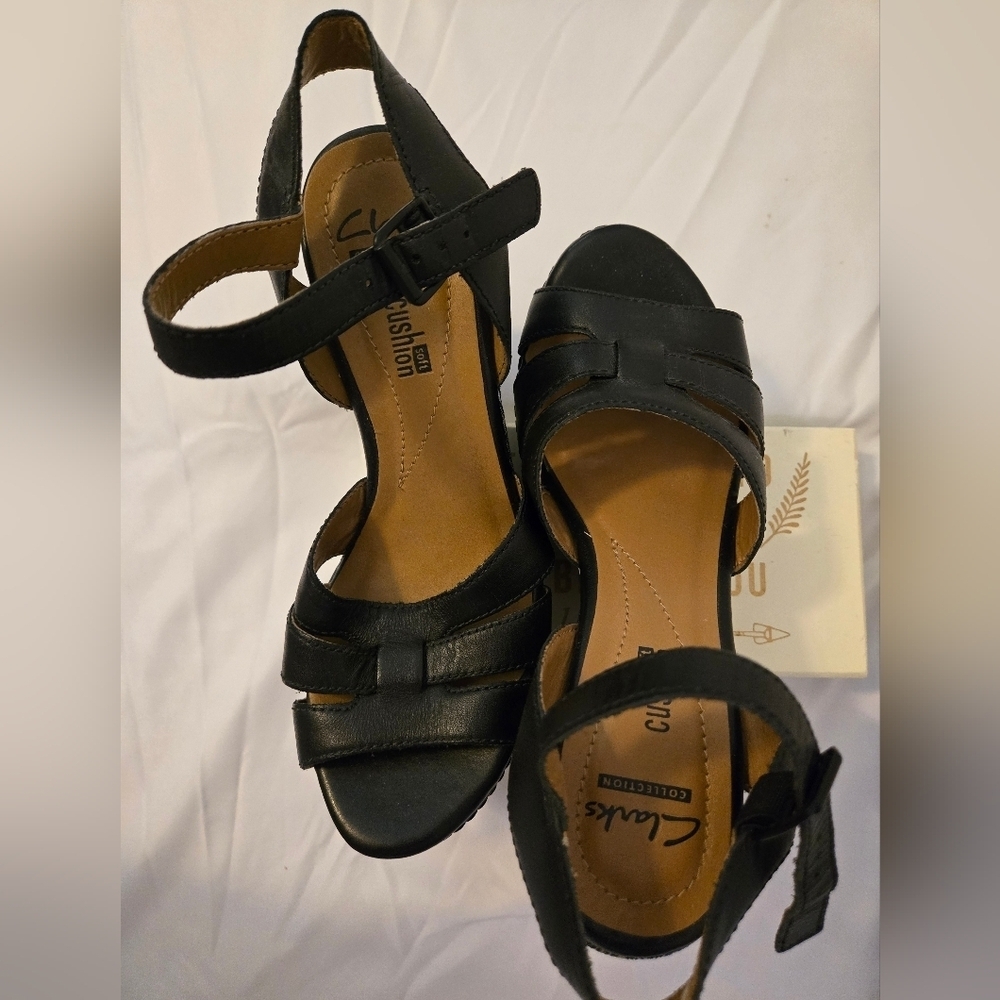 Clarks Zia Noble Wedge Heels Sandals Women Size 6 Black Ankle Strap Adjustable - Picture 4 of 11